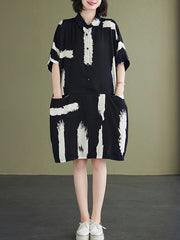 Lapel Simple Half Sleeves Printed Midi Dress