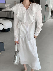 Long Sleeves Pleated Pure Color V-Neck Shirts Tops + High Waisted Skirts Two Pieces Set