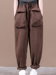 Women Retro Loose Stitching Pocket Plus Velvet Casual Pants