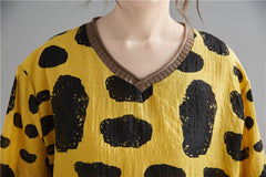 Women Long Sleeve Loose Polka Dot V-Neck Printed T-Shirt