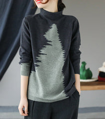 Women High Collar Retro Color Matching Pullover Sweater