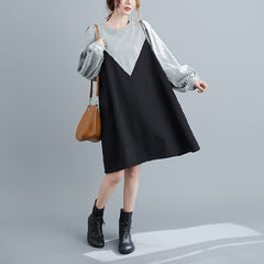 Large Size Slim Black And Gray Midi Dress