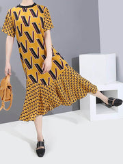 Loose Print Lace-Up V-Neck Dress