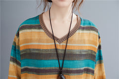 Ramie Cotton Striped V-Neck T-Shirt