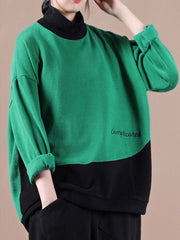 Women Loose High Neck Stitching Embroidery Sweatshirt