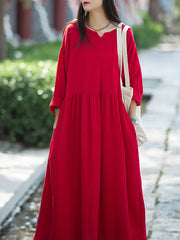 Retro V-Neck Loose Double Layer Big Swing Dress