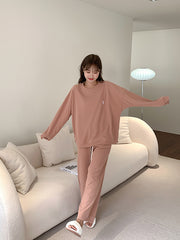 Casual Loose Solid Long Sleeves T-Shirt Top & Pants Pajamas Set