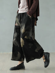 Retro Loose Denim Print Wide-Leg Pants
