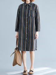 Casual Lapel Striped Midi Dress
