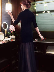 Black Velvet Long Cheongsam Evening Dress