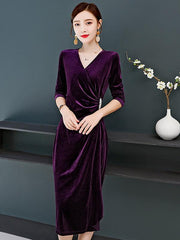 Velvet V-Neck Collect Waist A-Line Midi Dress