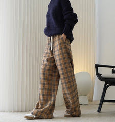 Retro High Waist Drawstring Plaid Wide-Leg Pants