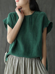 Vintage Solid Loose Round Collar Falbala Sleeve T-Shirt