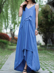 Women Irregular V-Neck Solid Color Suspender Dress