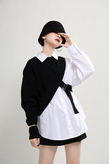 Women Lapel Color Block Shirt Two-Piece Blouse