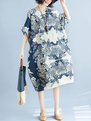Natinal Flower Printed Linen Midi Dress