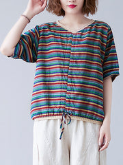V-Neck Striped Short Sleeves Blouse