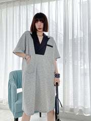 Lapel Color Matching Loose Thin Straight T-Shirt Dress