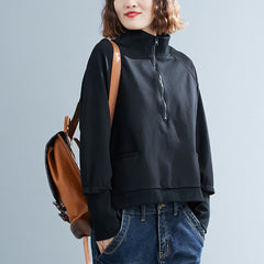 Mock Neck Zipper Black Solid Sweatshirt