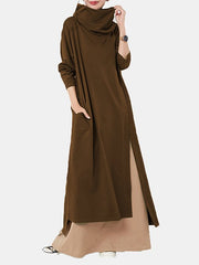 Casual Solid Color Split-Side Heaps Collar Long Sleeves Midi Dress