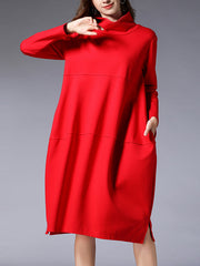 High Neck Pocket Slit Midi Dress