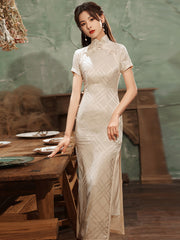Stand Collar Vintage Print High Split Slim Fit Short Sleeve Cheongsam Maxi Dress