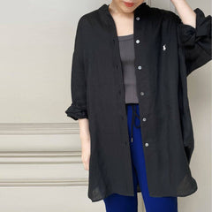 Black Casual Stand Collar Long Sleeve Shirt