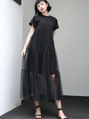 Black Asymmetric Splicing Mesh False Two Dress