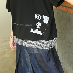 Round Neck Stitching Plaid Short Sleeve T-Shirt