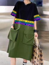 Short Sleeve Color Block Large Pockets Slim Dress