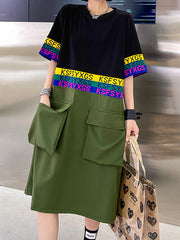 Short Sleeve Color Block Large Pockets Slim Dress