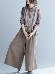 Lapel Striped Blouse&Solid Wide Leg Pants Suits
