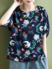 Vintage Flower Print Round Neck T-Shirt
