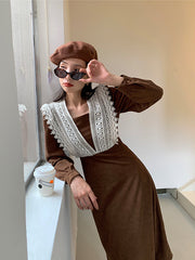 Urban Solid Color Lace Collar Midi Dress