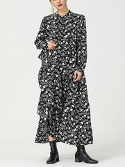 Women Retro Floral Long Sleeve Pullover Dress