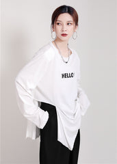 Women Letter Print Long Sleeve Irregular Casual T-Shirt
