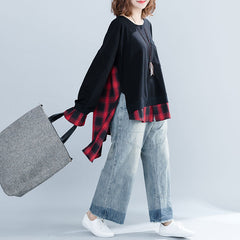 Large Size Stitching Plaid Asymmetrical Loose Sweatshirt