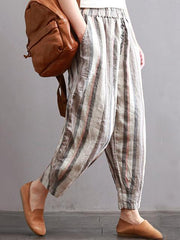Ramie Cotton Vintage Striped Harem Linen Pants