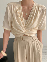 Women Solid Color Temperament V-Neck Slim T-Shirt