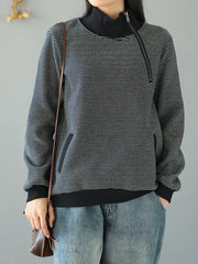 Women Casual Plus Velvet High Neck Striped Zipper Sweatshirt