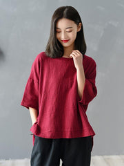 Solid Color Loose High-Low Round Neck Splicing T-Shirt