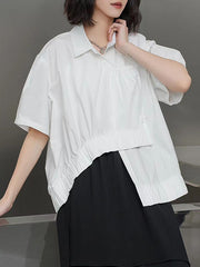 Irregular Clipping Short Sleeves Pleated Pure Color Lapel Blouses&Shirts Tops