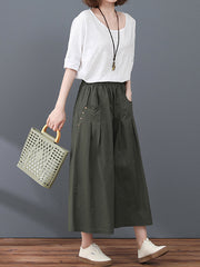 Stretch Waist Button Pocket Adorns Wide-Leg Skirt Woman