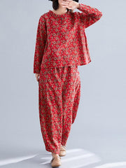 Loose Retro Floral Printed Blouses and Pants Suits