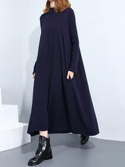 Loose Plain Stand Collar Knit Midi Sweater Dress