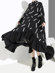 Printed Falbala Lapel Shirt Midi Dress