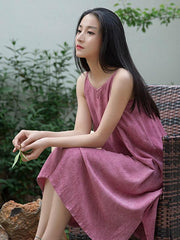 Simple Solid Pleated Sleeveless Midi Dress