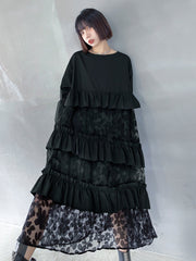 Lace Loose Long Sleeve Cake Midi Dress