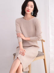 Solid Round Neck Knitting Midi Dress