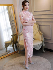 Embroidered Stand Collar Long Cheongsam Dress